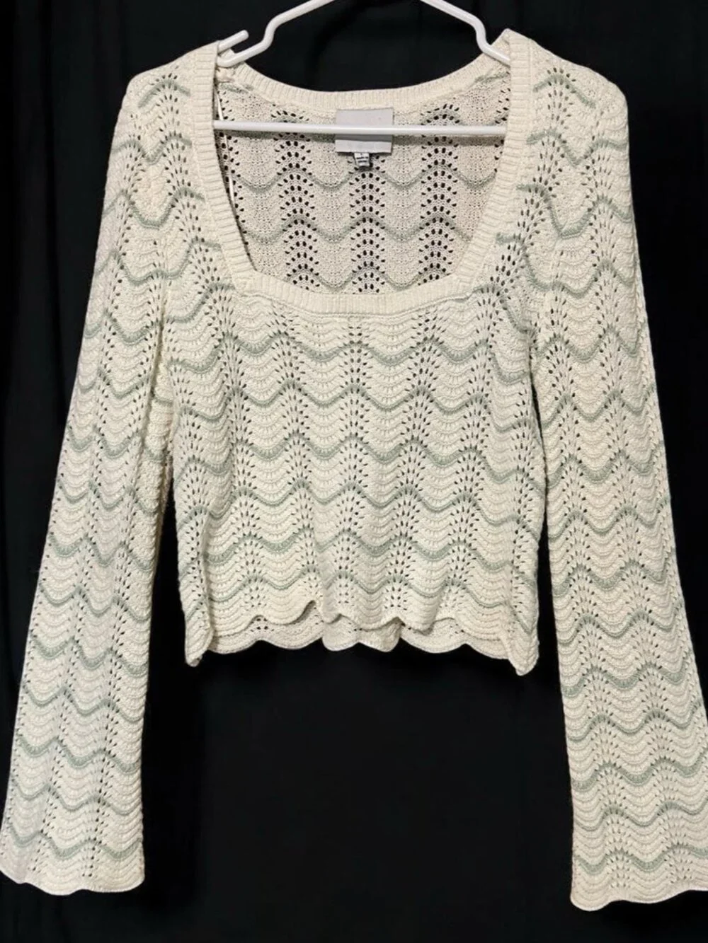 Pink Rose White Cropped Sweater Woman Lg Hippie Boho Fairy Core Open Knit Stripe